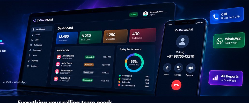 CallNexaCRM 3D dashboard and mobile calling preview